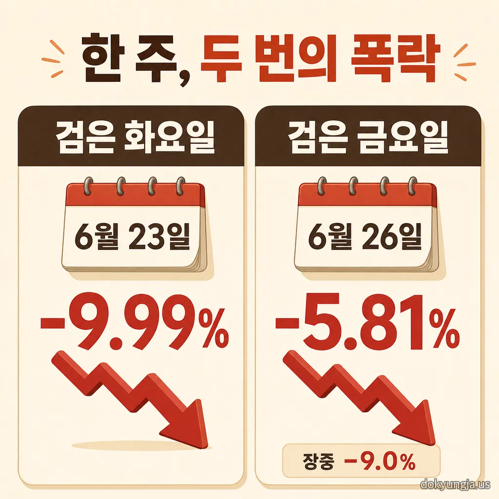 검은 화요일(6/23, -9.99%)과 검은 금요일(6/26, -5.81%, 장중 -9.0%)을 나란히 비교한 인포그래픽