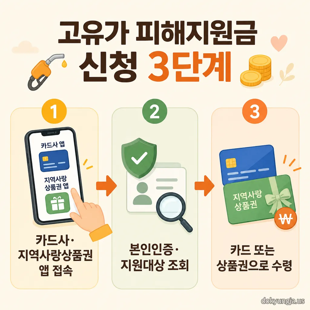고유가 피해지원금 온라인 신청 3단계 - 카드사 또는 지역사랑상품권 앱 접속, 본인인증과 지원대상 조회, 카드 또는 상품권으로 수령