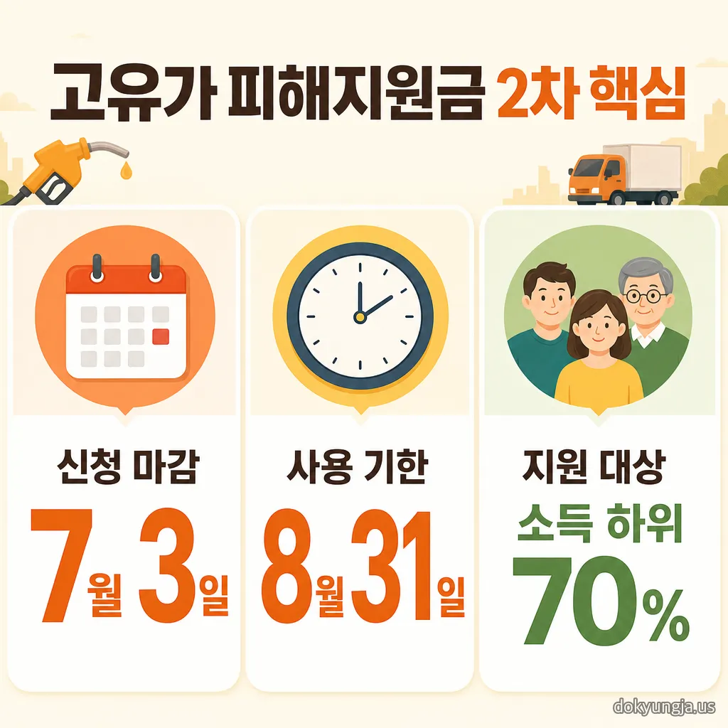 고유가 피해지원금 2차 신청 마감일 7월 3일과 사용 기한 8월 31일, 지원 대상 소득 하위 70% 핵심 일정 요약