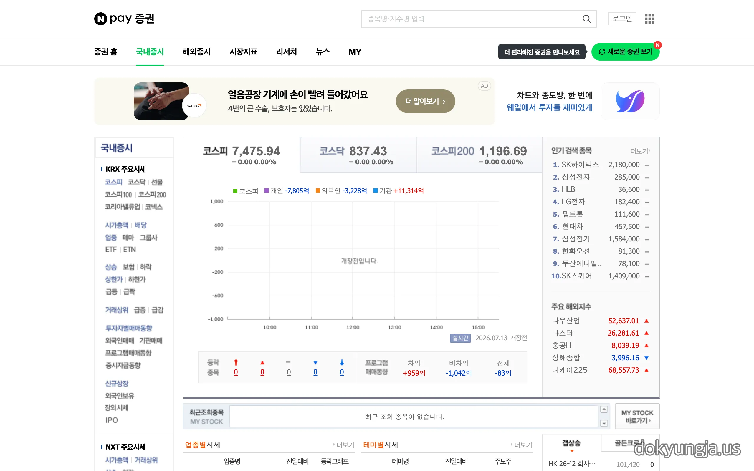네이버페이 증권 국내증시 화면 — 2026년 7월 13일 개장 전 코스피 7,475.94, 코스닥 837.43, 코스피200 1,196.69와 미국 3대 지수 상승 마감