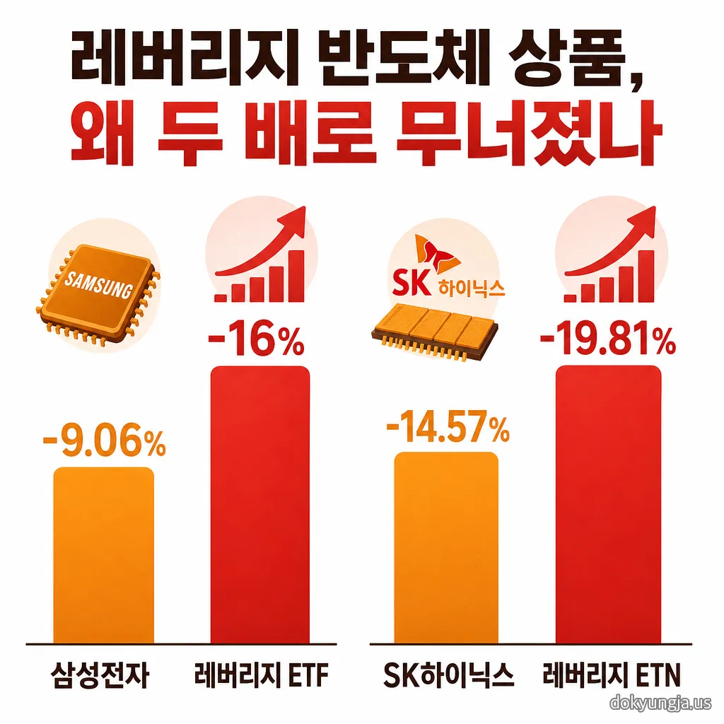 레버리지 반도체 ETF·ETN 손실 배율 인포그래픽 — 삼성전자 -9.06% 대비 레버리지 ETF -16%, SK하이닉스 -14.57% 대비 레버리지 ETN -19.81% 비교