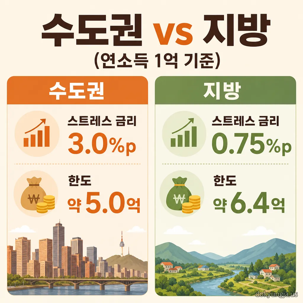 수도권과 지방 주택담보대출 스트레스 금리 차이와 연소득 1억 원 한도 비교