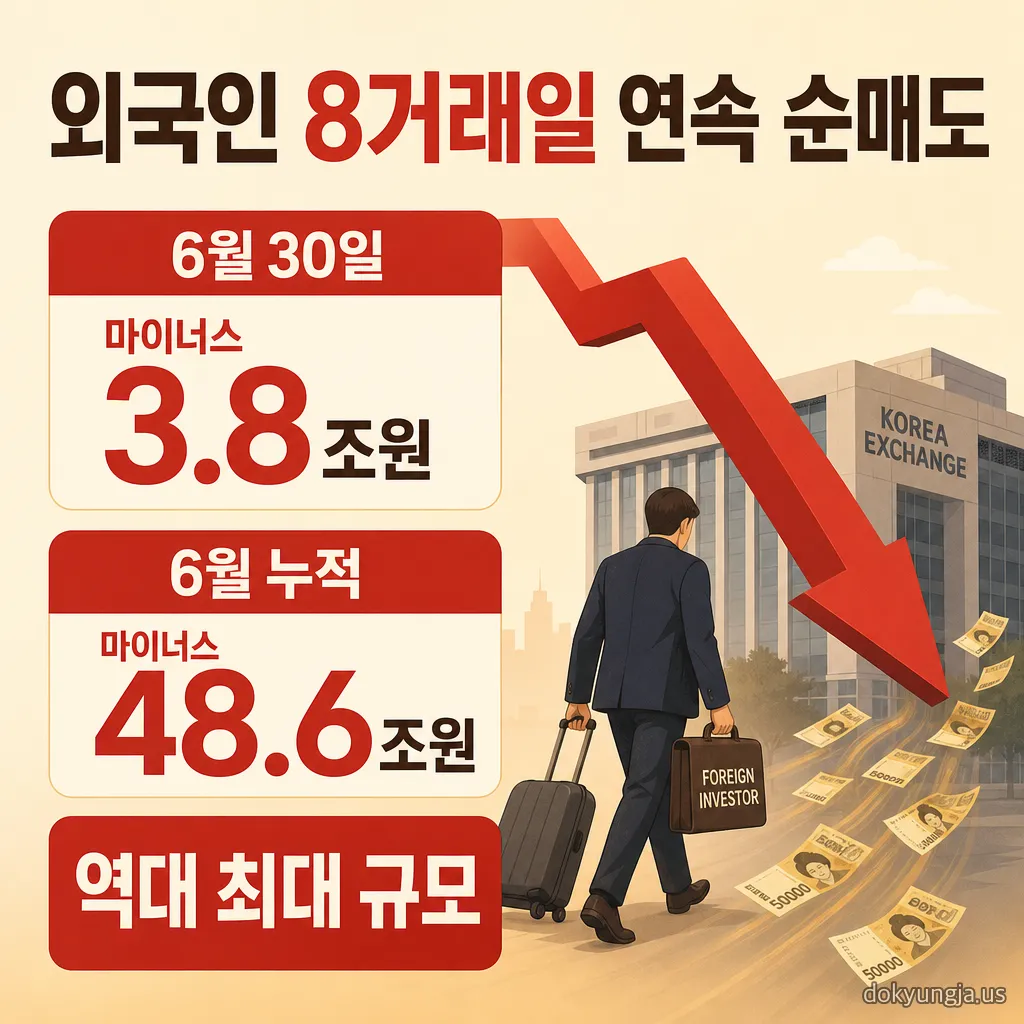외국인 8거래일 연속 순매도를 보여주는 인포그래픽 — 6월 30일 3.8조, 6월 누적 48.6조 역대 최대