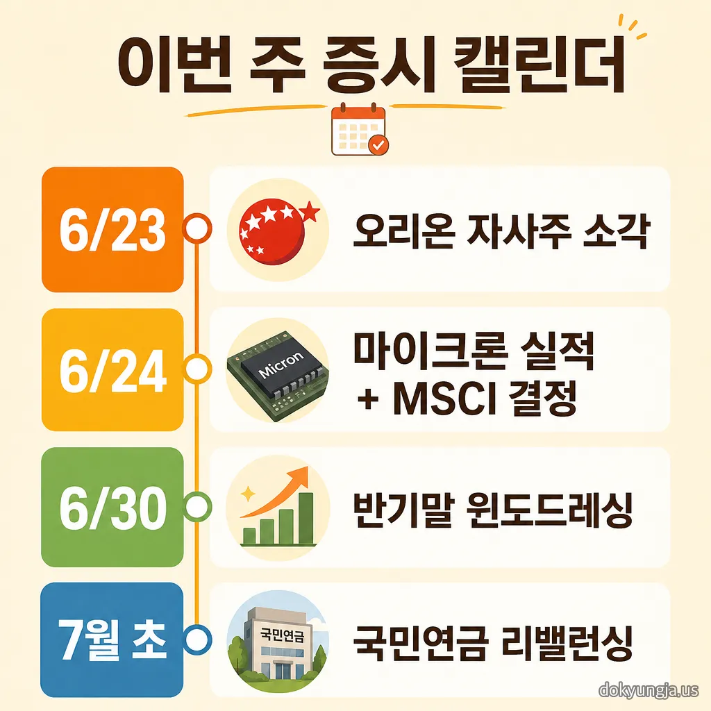 6월 23일 오리온 소각부터 7월 국민연금 리밸런싱까지 이번 주 증시 일정 캘린더 인포그래픽