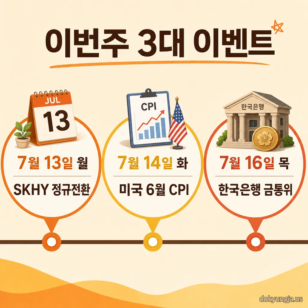 이번주 증시 3대 이벤트 일정 인포그래픽 — 7월 13일 월요일 SKHY 정규전환, 7월 14일 화요일 미국 6월 CPI, 7월 16일 목요일 한국은행 금통위