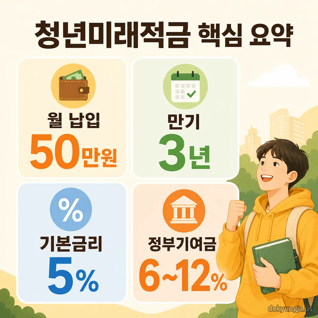 청년미래적금 핵심 조건 요약 - 월 50만원 3년 납입 시 기본금리 5%와 정부기여금 6~12% 비과세 적용
