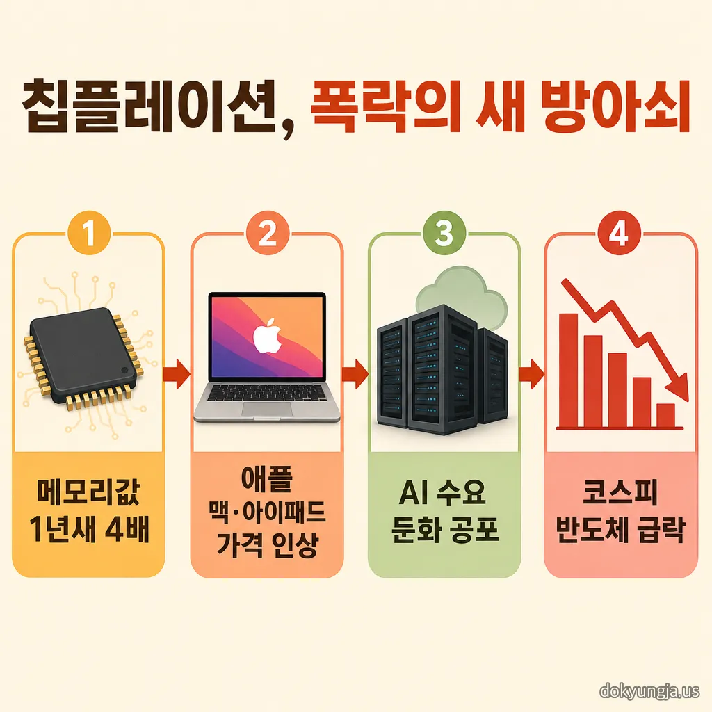 칩플레이션 메커니즘 — 메모리값 1년새 4배, 애플 가격 인상, AI 수요 둔화 공포, 코스피 반도체 급락의 4단계 흐름도