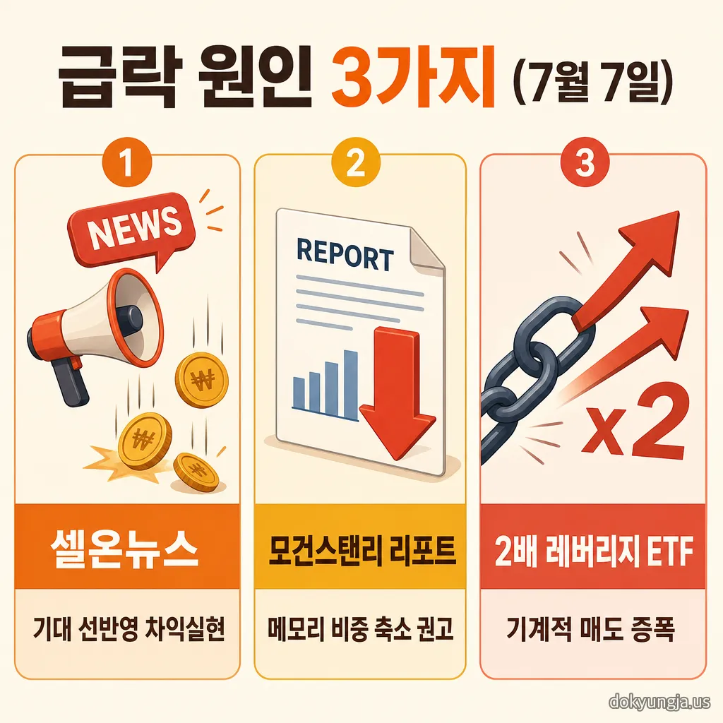 2026년 7월 7일 코스피 급락 원인 3가지 인포그래픽 — 셀온뉴스 차익실현, 모건스탠리 메모리 비중 축소 리포트, 단일종목 2배 레버리지 ETF 수급 증폭