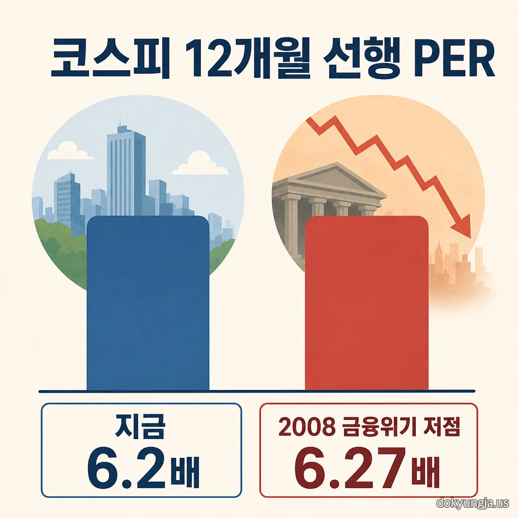 코스피 12개월 선행 PER 비교 인포그래픽 — 현재 6.2배와 2008년 금융위기 저점 6.27배 막대 비교