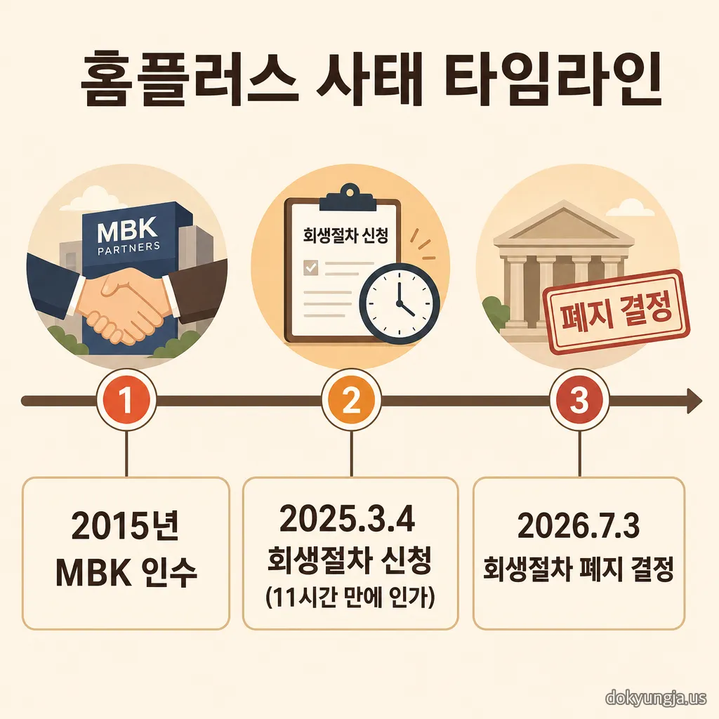 홈플러스 사태 타임라인 인포그래픽 — 2015년 MBK 인수, 2025년 3월 4일 회생절차 신청(11시간 만에 인가), 2026년 7월 3일 회생절차 폐지 결정