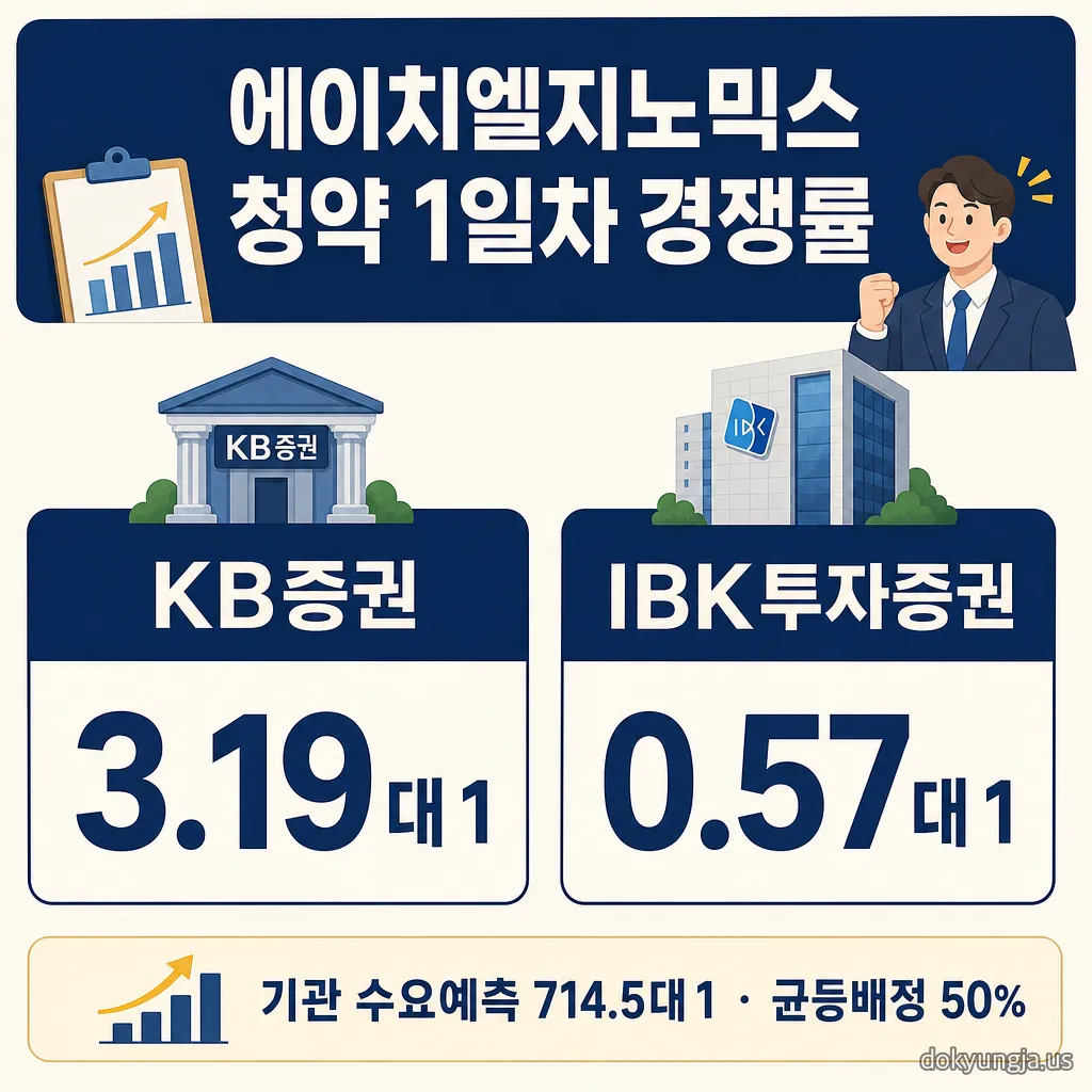 에이치엘지노믹스 청약 1일차 KB증권 3.19대 1, IBK투자증권 0.57대 1 경쟁률 비교 인포그래픽