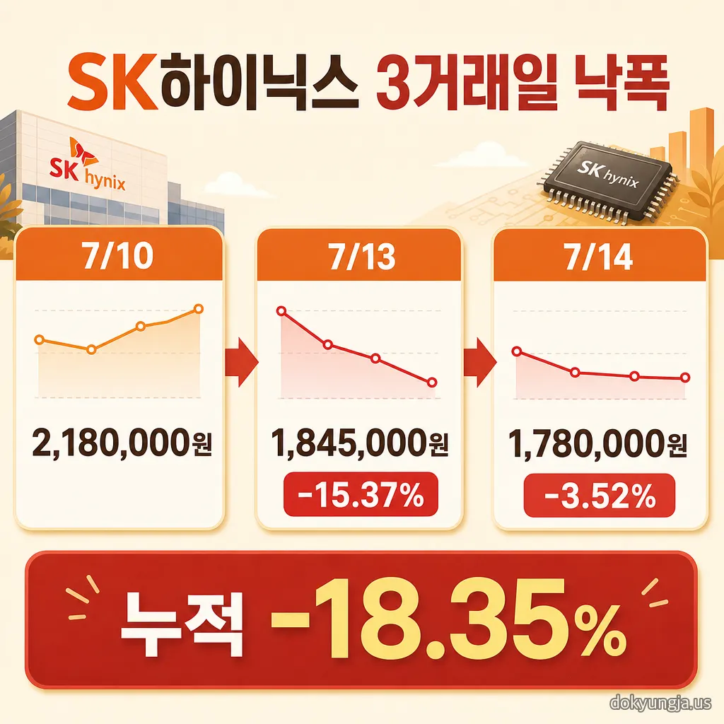 SK하이닉스 3거래일 주가 낙폭 인포그래픽 — 7월 10일 2,180,000원, 7월 13일 1,845,000원(-15.37%), 7월 14일 1,780,000원(-3.52%), 누적 -18.35%