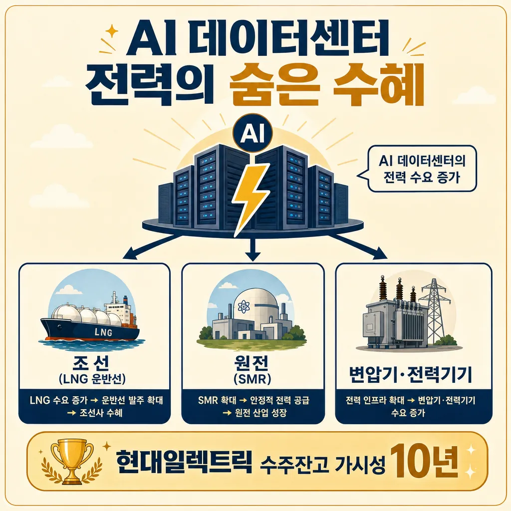AI 데이터센터 전력 밸류체인 인포그래픽 - 조선 LNG, 원전 SMR, 변압기 현대일렉트릭 수주잔고 10년