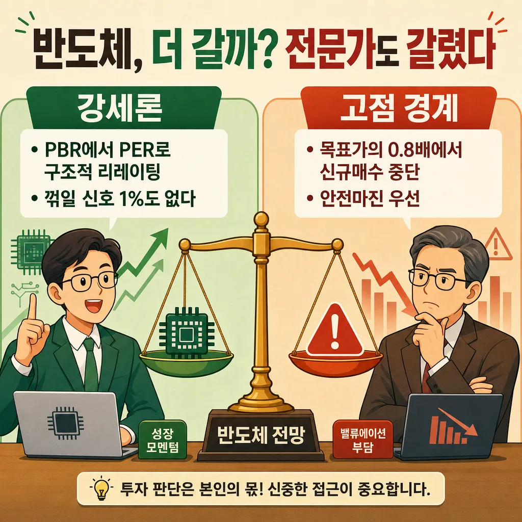 반도체 강세론과 고점 경계론 비교 인포그래픽 - PBR에서 PER 리레이팅 대 목표가 0.8배 매수 중단