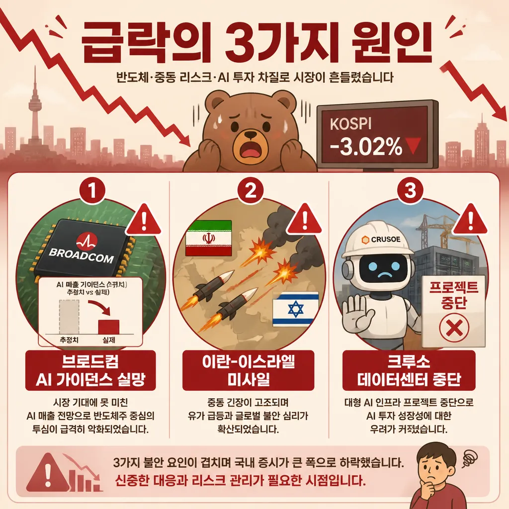 코스피 급락 원인 3가지 인포그래픽: 브로드컴 쇼크, 이란 충돌, 크루소 AI 중단