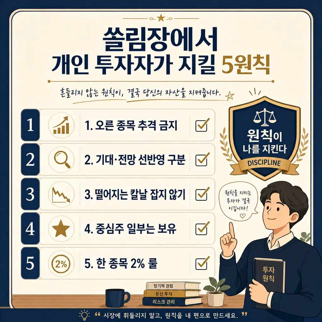 쏠림장 개인 투자자 5원칙 체크리스트 인포그래픽 - 추격 금지, 선반영 구분, 떨어지는 칼날, 중심주 보유, 2퍼센트 룰