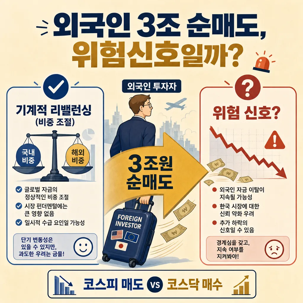외국인 3조 순매도 해석 인포그래픽 - 기계적 리밸런싱 대 위험신호, 코스피 매도와 코스닥 매수