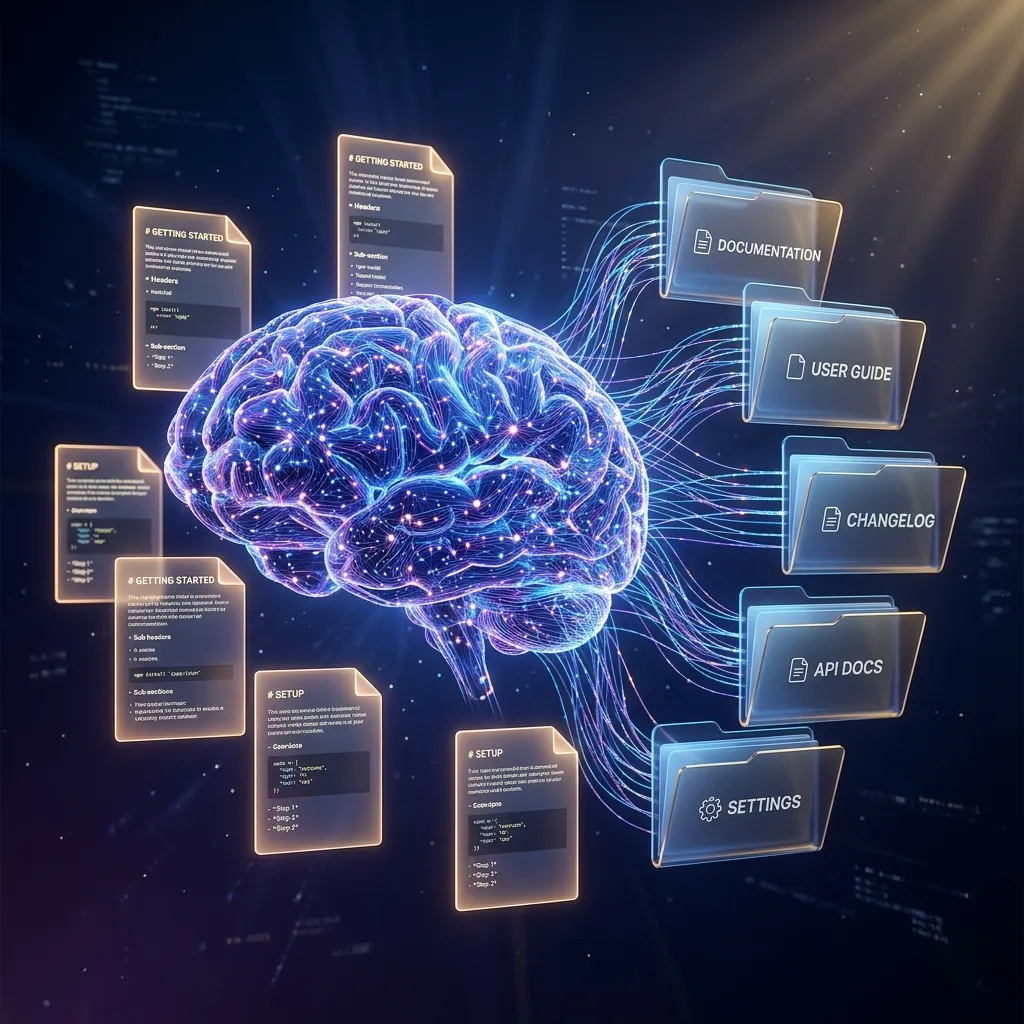 Claude Code Memory 시스템 시각화 - 디지털 두뇌와 폴더가 빛나는 선으로 연결된 3D 인포그래픽