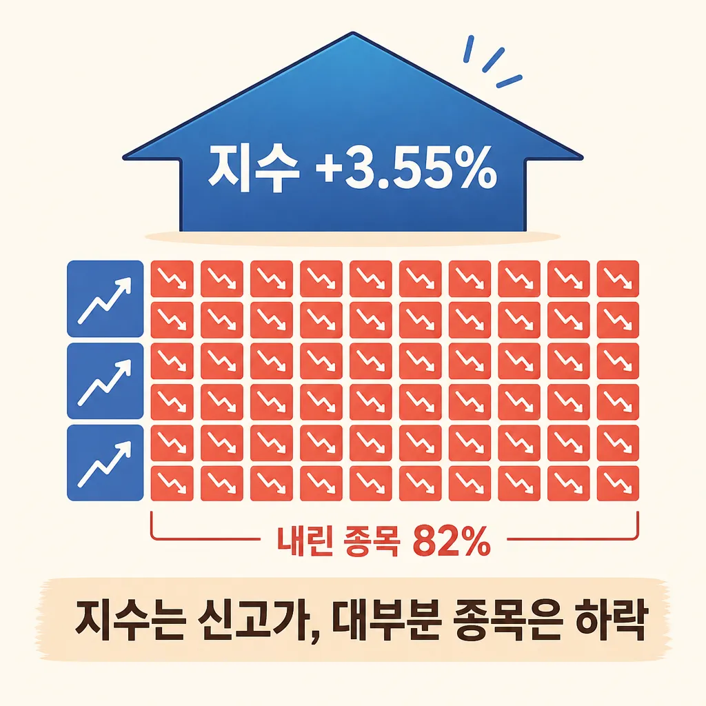 지수는 +3.55% 신고가지만 상장 종목의 82%가 하락한 비대칭 장세를 보여주는 인포그래픽