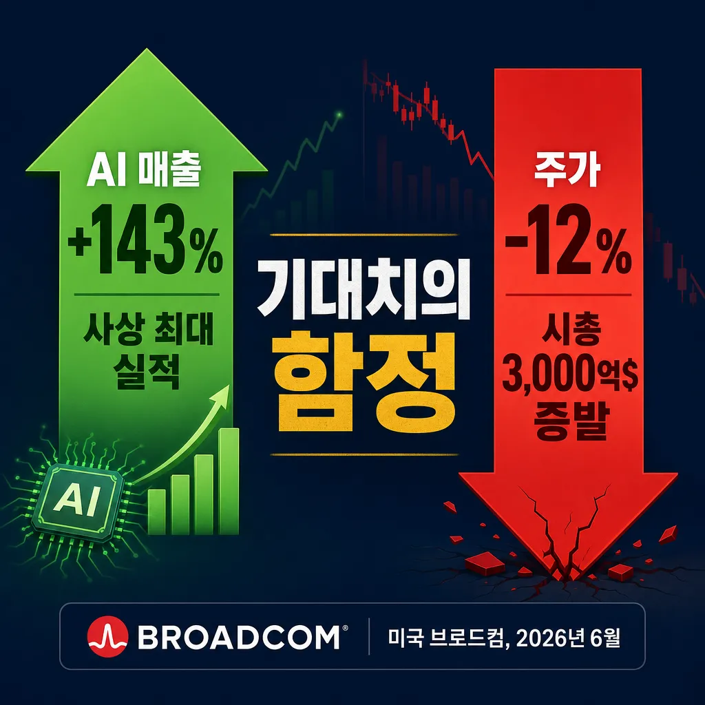 브로드컴 AI 매출 143퍼센트 급증과 사상 최대 실적에도 가이던스 실망으로 주가가 12퍼센트 급락한 기대치의 함정 인포그래픽