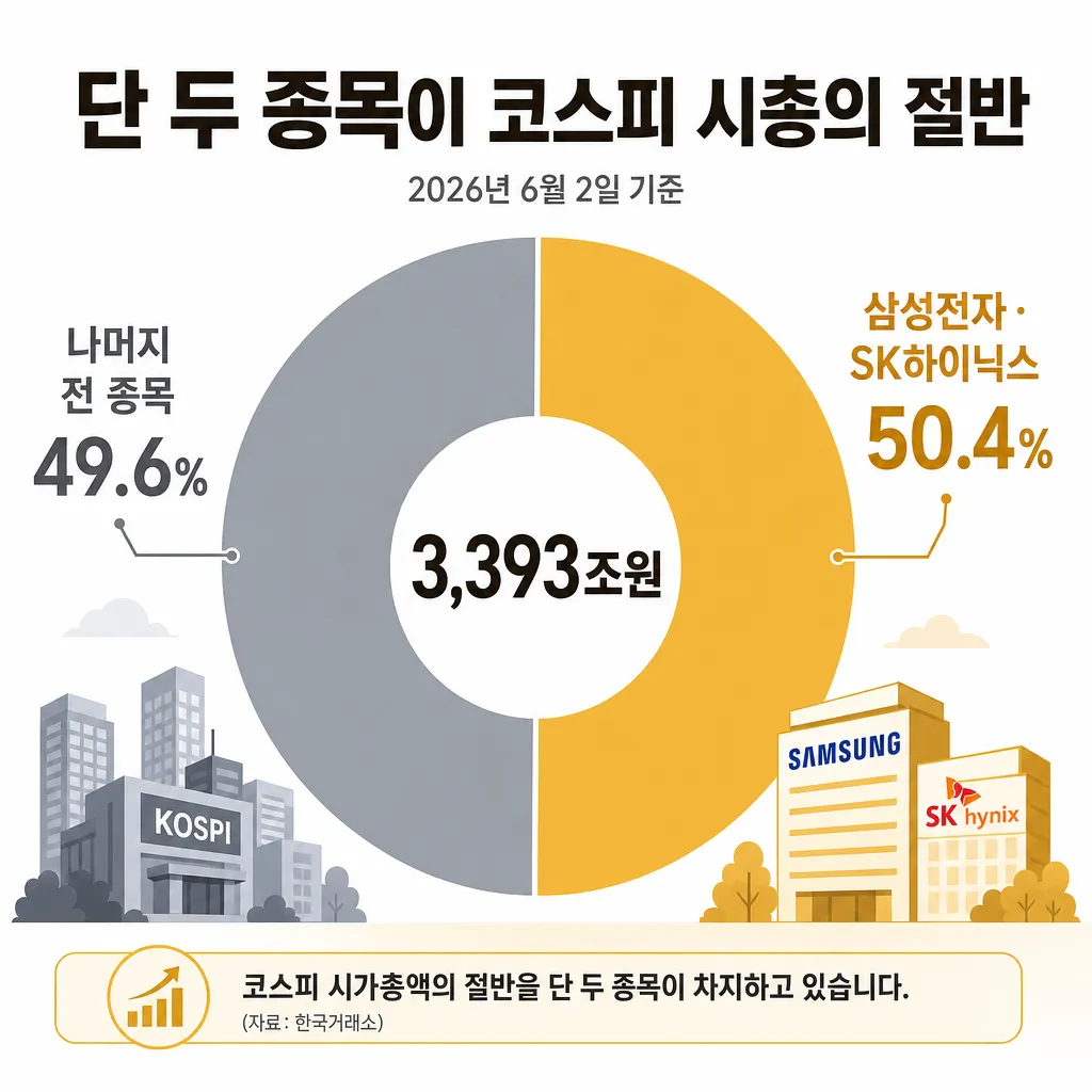 삼성전자와 SK하이닉스 합산 시가총액 3393조원이 코스피 전체의 50.4퍼센트를 차지하는 쏠림 구조를 보여주는 도넛 차트 인포그래픽