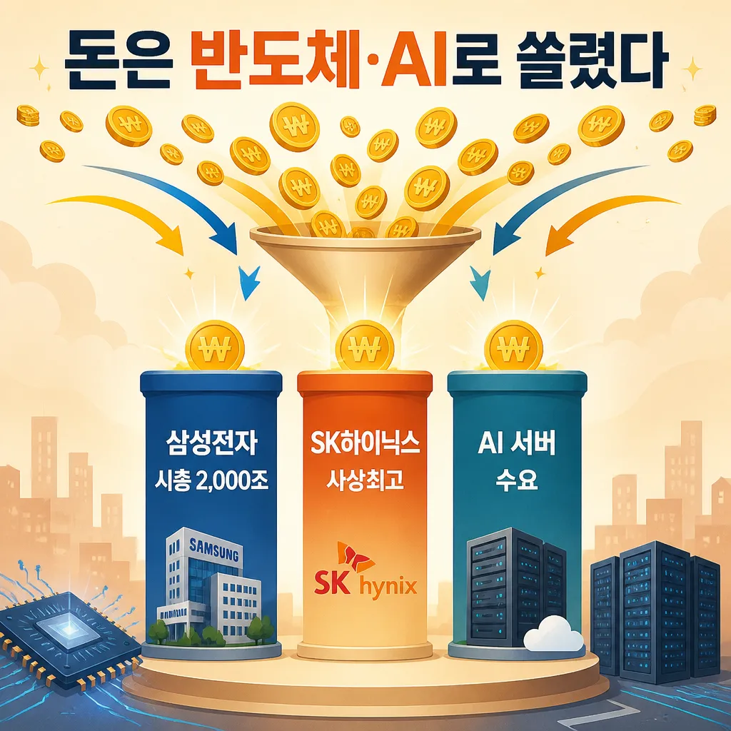 돈이 삼성전자 시총 2,000조·SK하이닉스·AI 서버 수요 등 반도체·AI 대형주로 쏠린 구조를 보여주는 인포그래픽