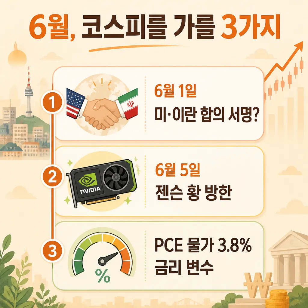6월 1일 미·이란 합의 서명, 6월 5일 젠슨 황 방한, PCE 물가 3.8% 금리 변수 등 6월 코스피를 가를 3가지 일정 인포그래픽