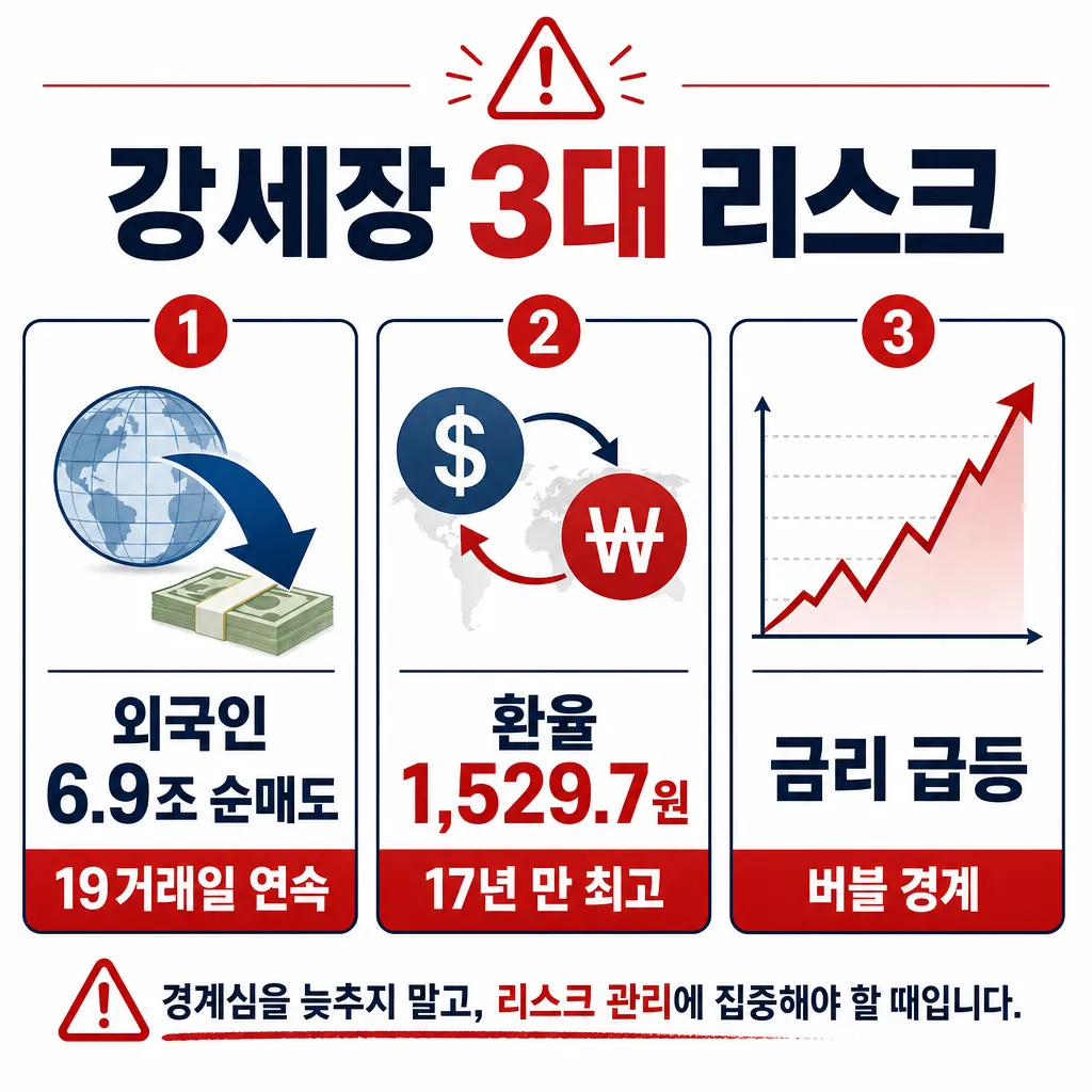 외국인 6조9529억 순매도, 원달러 환율 1529.7원, 글로벌 금리 급등 등 코스피 강세장을 위협하는 3가지 리스크 요약 인포그래픽