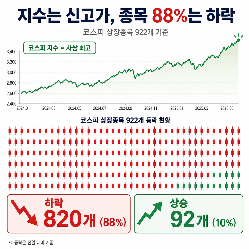 코스피 지수는 신고가지만 상장 종목 922개 중 88퍼센트인 820개가 하락하고 10퍼센트인 92개만 상승한 비대칭 장세 인포그래픽