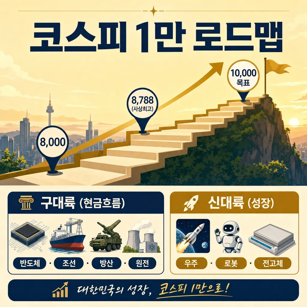 코스피 1만 로드맵 인포그래픽 - 8000에서 8788 사상최고를 거쳐 1만 포인트로 향하는 구대륙과 신대륙 산업 지도