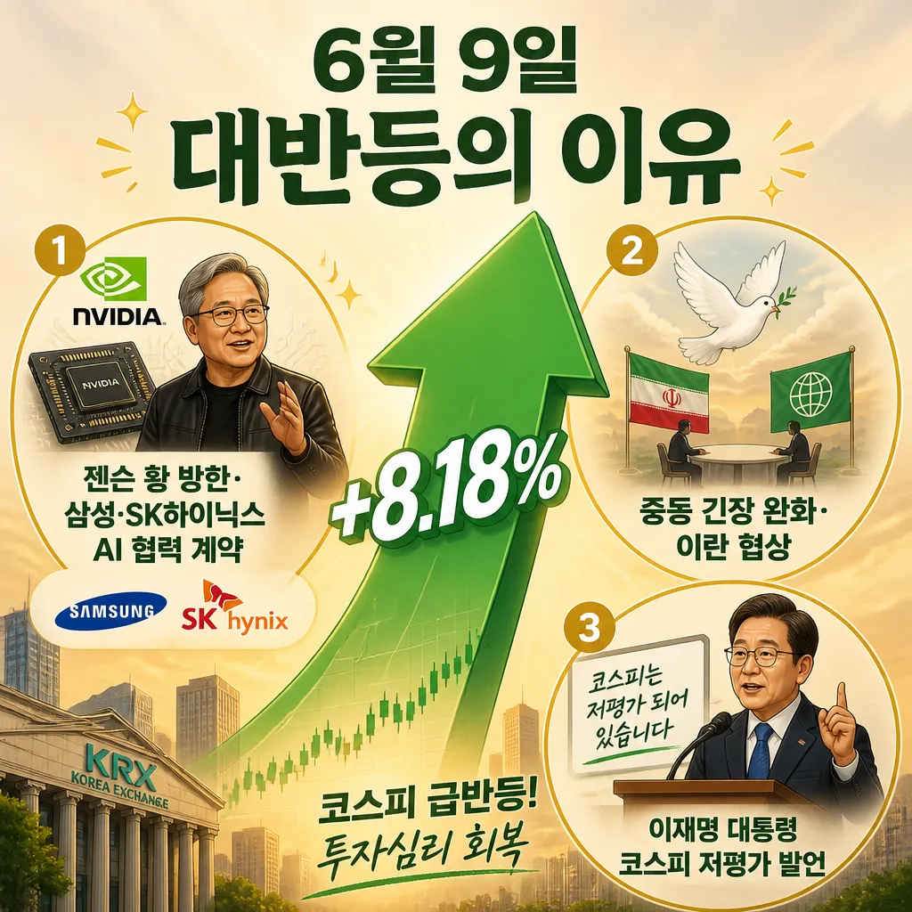 6월 9일 코스피 대반등 원인 인포그래픽: 젠슨 황 방한, 중동 완화, 대통령 발언