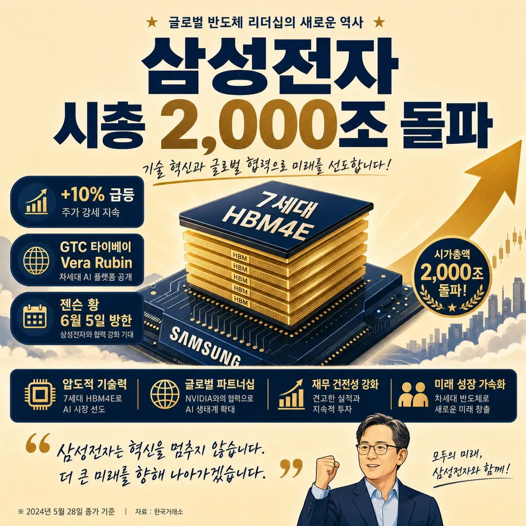 삼성전자 시총 2000조 돌파 인포그래픽 - 7세대 HBM4E와 GTC 타이베이, 젠슨 황 6월 방한