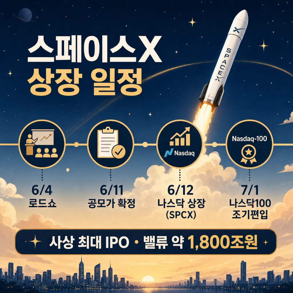 스페이스X IPO 일정 타임라인 인포그래픽 - 6월 4일 로드쇼부터 6월 12일 나스닥 상장, 7월 1일 나스닥100 편입까지