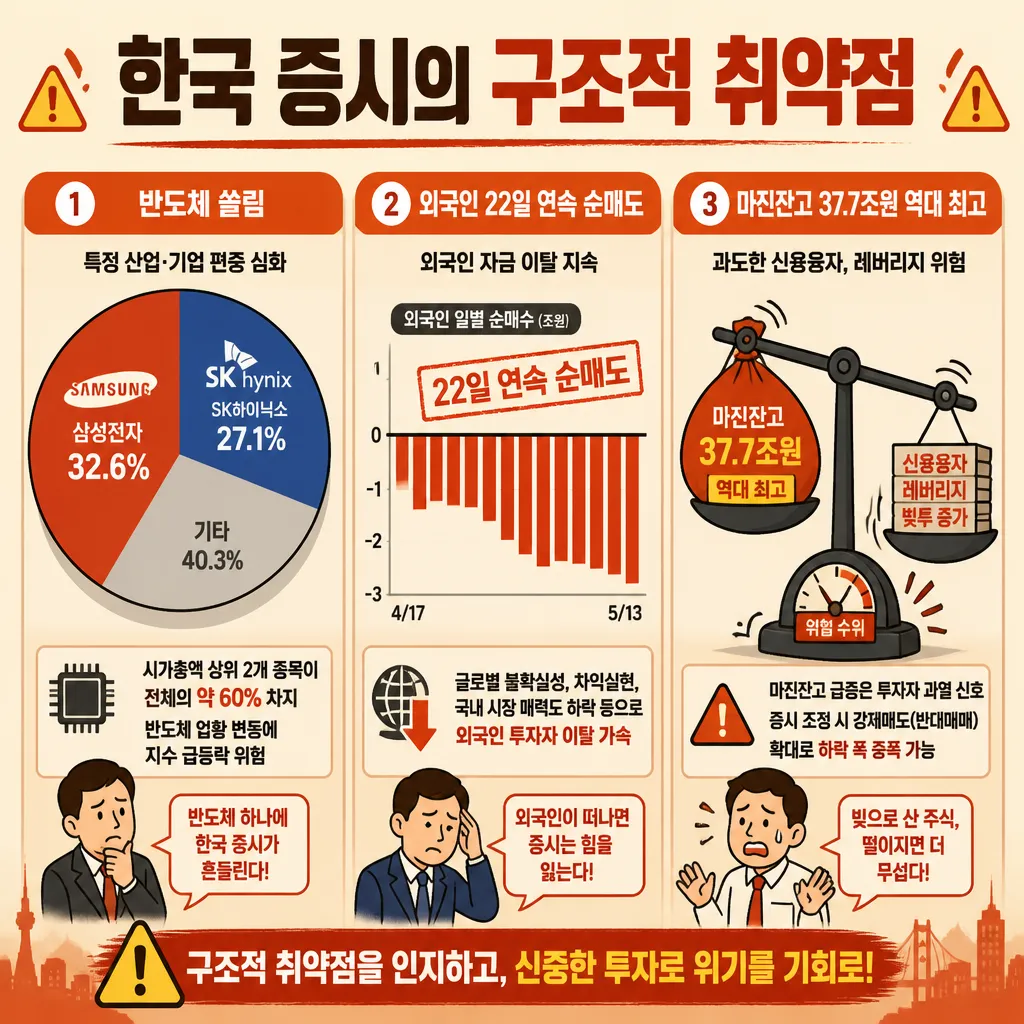 한국 증시 구조적 취약점 인포그래픽: 반도체 쏠림, 외국인 매도, 마진잔고 역대 최고