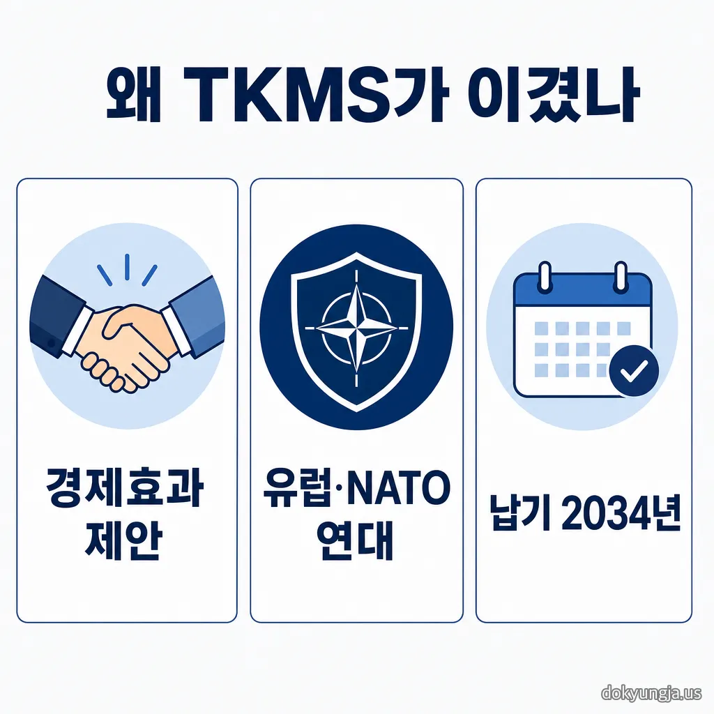 캐나다 잠수함 사업에서 TKMS가 승리한 세 가지 요인 인포그래픽 — 경제효과 제안, 유럽·NATO 연대, 2034년 납기